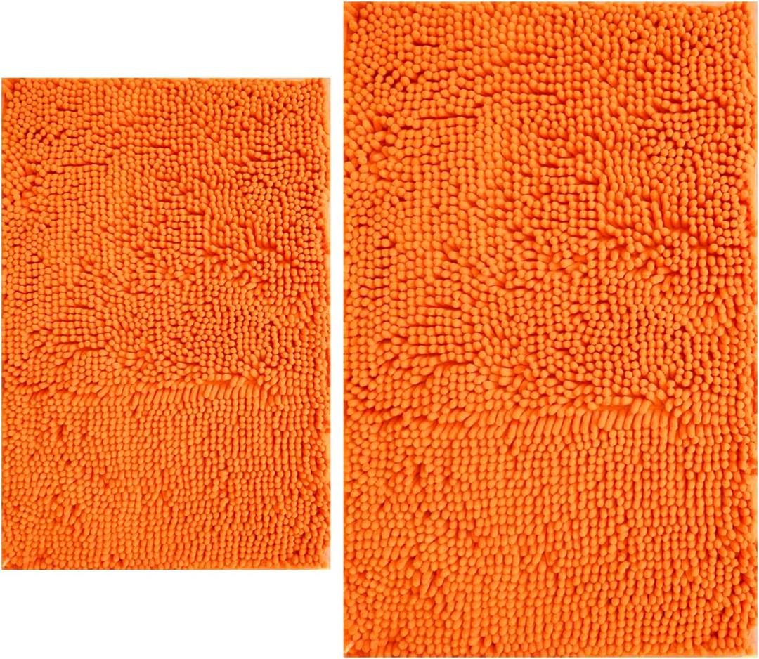BOANKODU Bathroom Rugs Sets 2 Piece, Extra Soft Chenille Bath Mat Ultra Absorbent Bathroom Rug, Bathroom Mat with Non-Slip Bottom, Machine Washable Bath Rugs (20x32 Inch + 16x24 Inch, Orange)