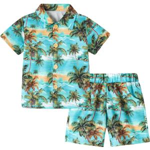 ZOEREA Toddler Baby Boy Clothes Hawaiian Outfit Shorts Sets Printed Button Down Shirt and Shorts Summer Beach Clothes  (2-3T, Blue-palm)