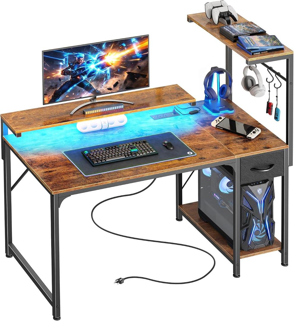 PRAISUN 39.4 Inch Gaming Desk with LED Lights & Power Outlets