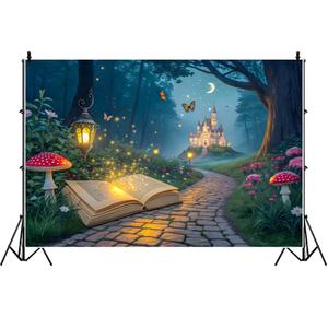 7x5ft Enchanted Fairy Castle Backdrop Spring Enchanted Forest Photography Background Fairy Tale Book Castle Mushroom Butterfly Forest Path Background