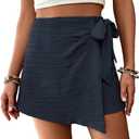 WDIRARA Women's Summer Mini Wrap Shorts Knot High Waist Belted Skorts Zipper Casual Loose Skirt (Blue, XL)