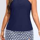 Yonique Women Two Piece Plus Size Tankini with Skirt Tummy Control Bathing Suits High Neck Swimsuits (Blue, XL)