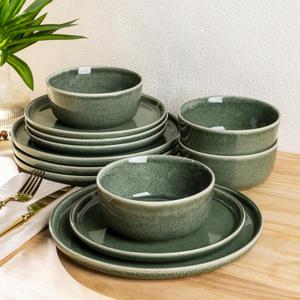 AmorArc Stoneware Dinnerware Sets,Round Reactive Glaze Ceramic Plates and Bowls Sets,Highly Scrath Resistant | Dishwasher & Microwave Safe,Service for 8 Dishes Set (24pc) (Jade Green)
