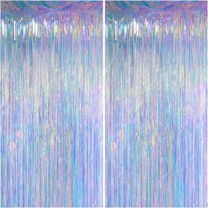 Melsan Iridescent Foil Fringe Backdrops Party Decorations - 3.2 x 6.56 ft Metallic Tinsel Photo Backdrop Curtains for Ocean Princess Birthday Parties - Iridescent 2 Packs
