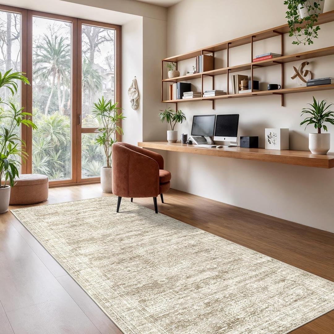 3x10 Runner Rug Non Slip Washable for Entryway, Vintage Hallway Runner for Front Porch, Laundry Room, Bedroom, Abstract Stain Resistant Thin Indoor Kitchen Mats for Floor(3'x10', Brown/Ivory)