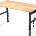48" Height Adjustable Workbench, 2000 LBS Load Capacity Rubber Wood Top Workstation with Power Outlet and Foot Pads, Heavy-Duty Hardwood Worktable for Garage Workshop (with Foot Pads and Socket,48'')