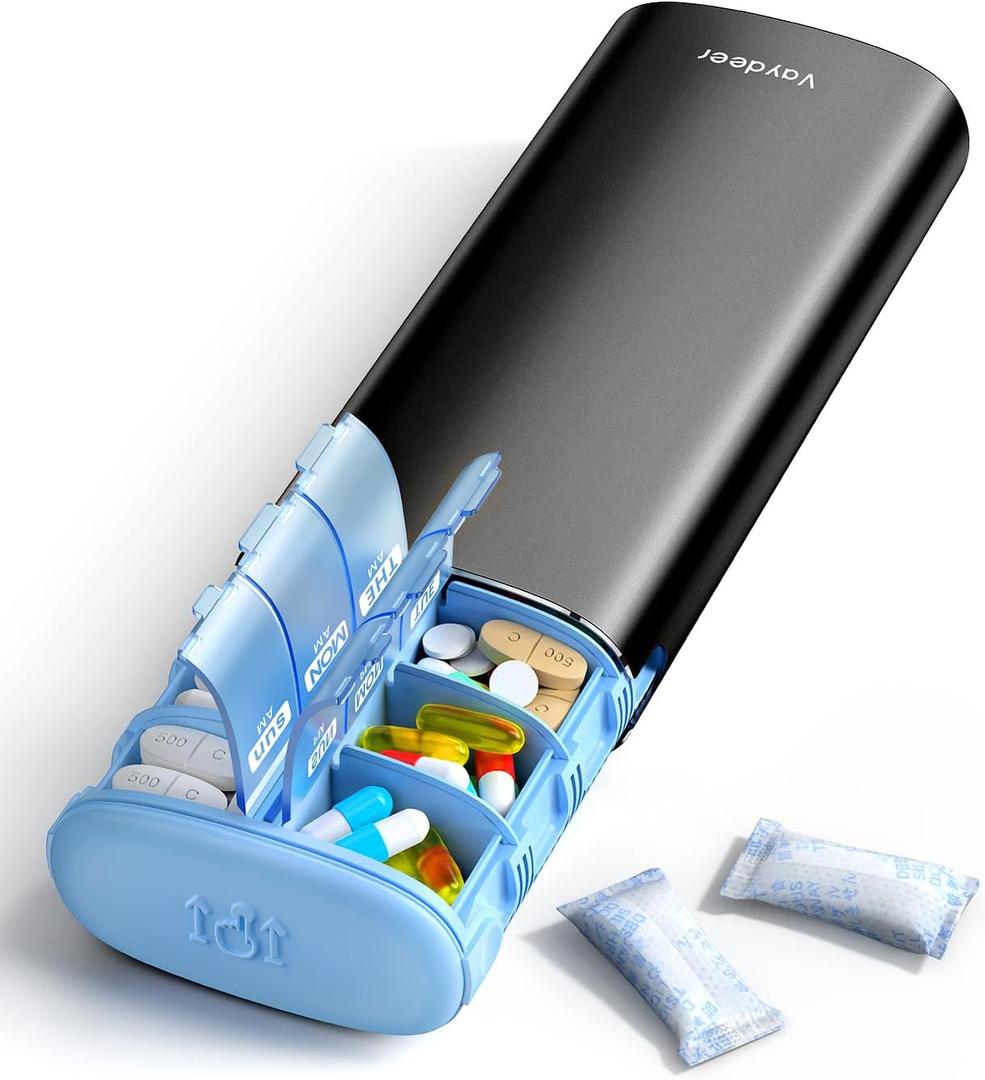 Vaydeer Metal 7 Day Pill Organizer 2 Times a Day AM PM Weekly Travel Pill Case with Moisture-Proof Desiccant, Airtight Large Capacity Pill Box for Vitamins, Medications & Supplements (Black)