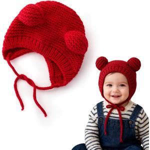 Baby Beanie with Earflaps Winter Knitted Hat Adorable Ears & Chin Strap Warm for Infant Toddler Boy Girl 6-24 Months (Red)