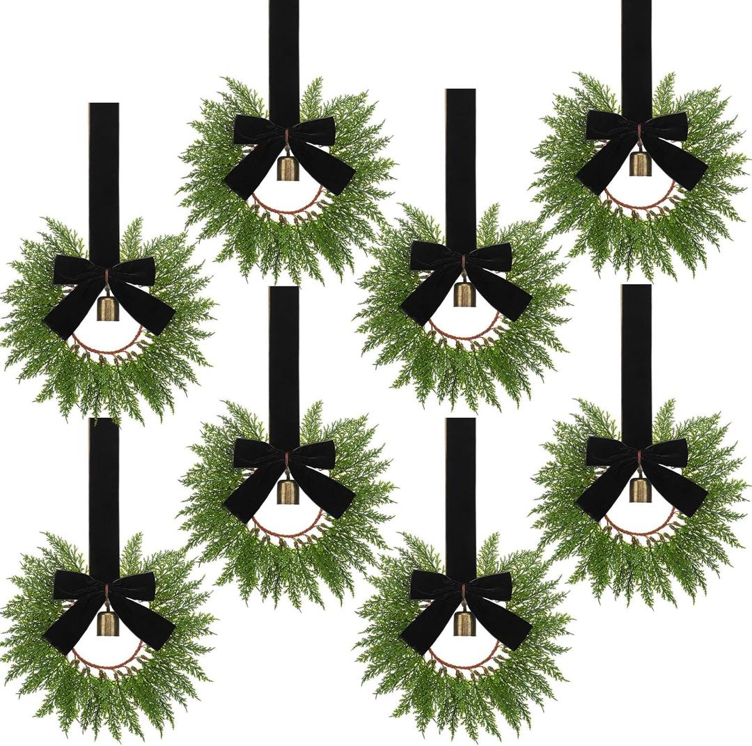 Dingion 8 Pcs 9.8" Small Christmas Cabinets Wreaths Mini Wreaths for Kitchen Window Chair Backs with Ribbon Bell Artificial Greenery for Farmhouse Holiday Decoration(Velvet,Classic,Black)