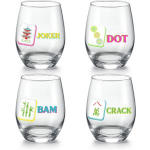 Qinyoung 4 Pcs 15 oz Mahjong Cups Wine Glass Mahjong Accessories and Gifts for Women Classic Stemless Wine Glass Cup for Cocktails Water Juice Drinking