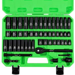SWANLAKE 3/8'' Drive Impact Socket Set, 50-Piece Standard SAE (5/16 to 3/4 inch) and Metric (8-22mm) Size, 6 Point, Cr-V, 3/8-Inch Ratchet Handle, Extension Bar, Universal Joint