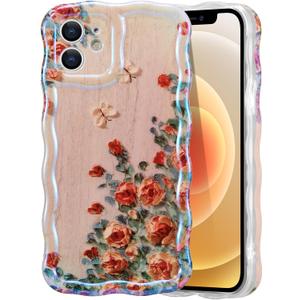 EYZUTAK Case for iPhone 11, Colorful Retro Oil Painting Printed Flower Laser Beam Glossy Pattern Cute Curly Waves Border Exquisite Phone Cover Stylish Durable TPU Protective Case for Girls Women-Beige