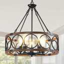 21" Dining Room Light Fixture/Chandelier Over Table, 5-Light Black & Wood Grain Farmhouse Chandeliers for Dining Room, Industrial Metal Hanging Pendant Lights Fixture for Kitchen Island Foyer Entryway