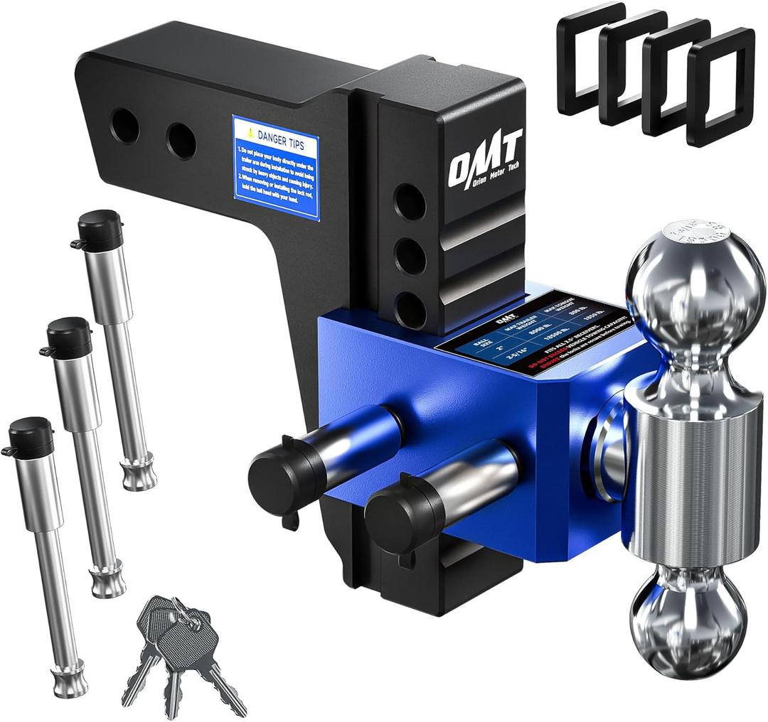 Orion Motor Tech Adjustable Trailer Hitch, Heavy Duty 2.5 inch Receiver Hitch, 6" Drop Hitch with 2" & 2-5/16" Balls, 360 Dual-Ball Mount with 18500lb Towing Capacity for Class IV & V, Blue
