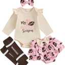 Newborn Baby Girl Football Outfit Game Day Rugby Print Romper with Tulle Skirt Set Headband 3Pcs Cute Summer Clothes (Beige)