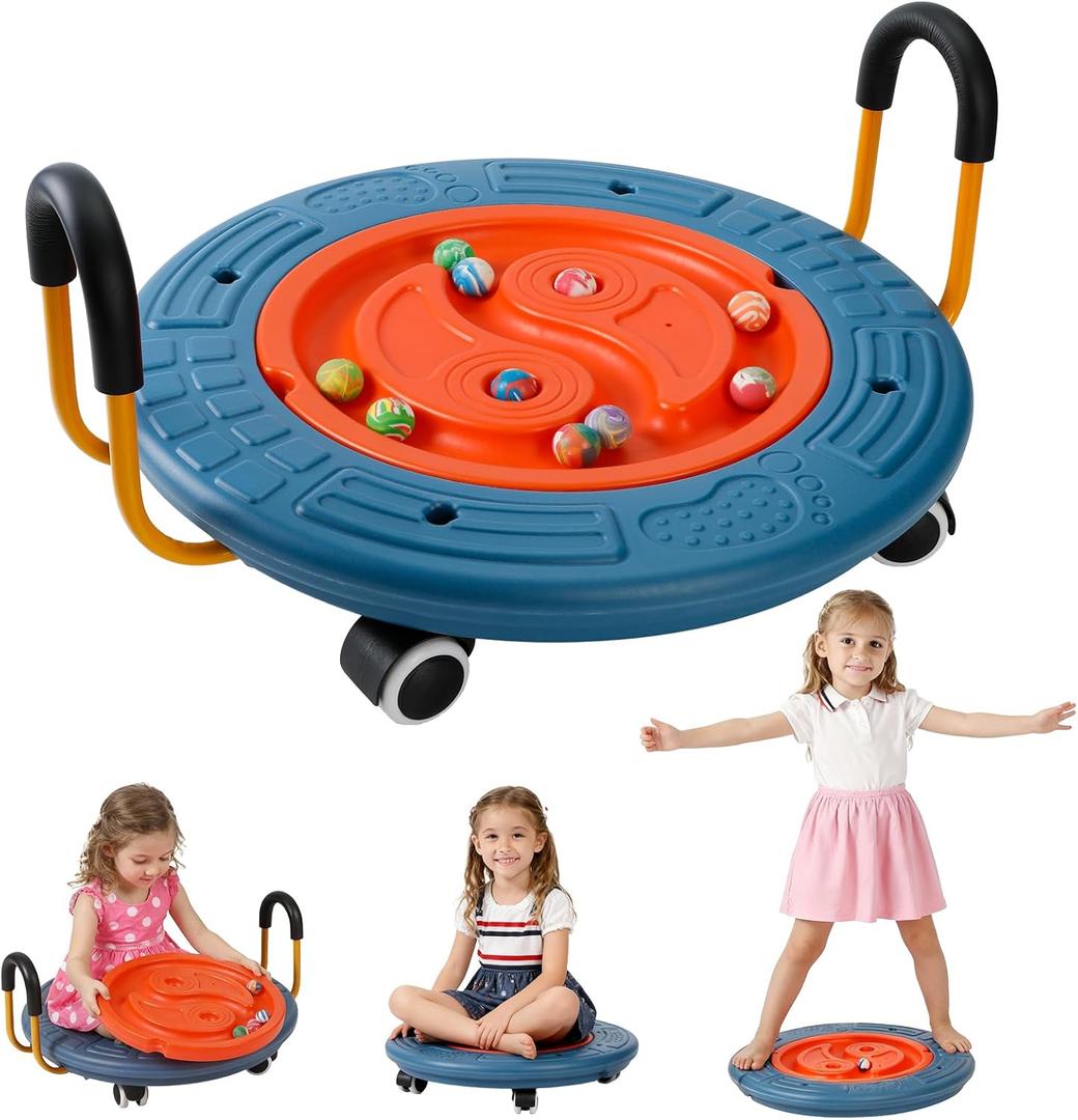 3-In-1 Balance Scooter Board for KidsPlastic Wobble Balance Board Rocker Maze with Handles, 5 Balls, Toddler Wobble Disk for Sensory Training, Physical Therapy (Blue)