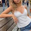 Women Y2k Babydoll Tank Tops Lace Trim V Neck Crop Cami Spaghetti Strap Peplum Top Summer Cute Aesthetic Flowy Shirts (White, S)