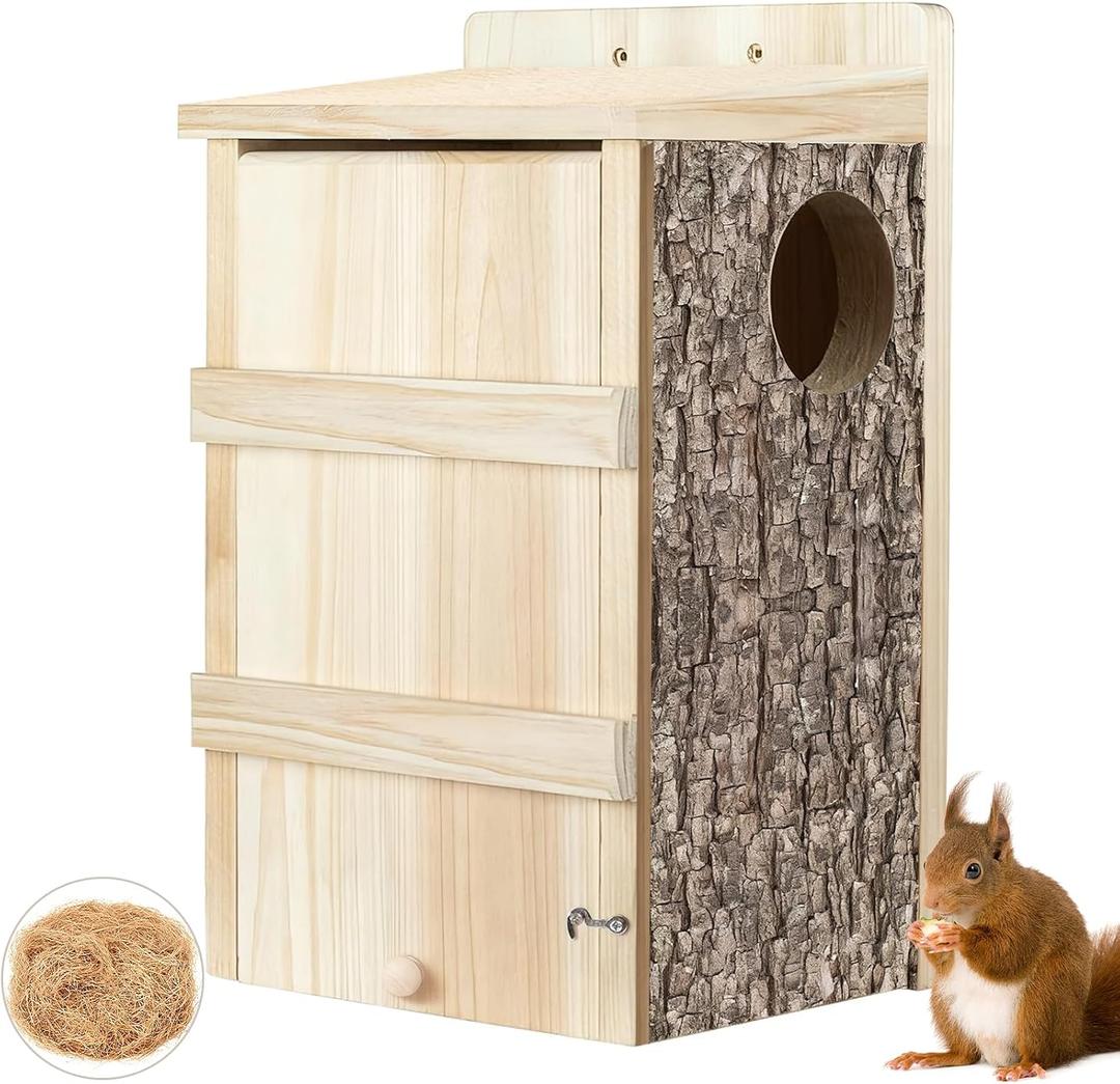 Squirrel Houses for Outside Wooden Bird House Large Squirrel Nesting Box with Natural Coconut Fiber for Squirrels Chipmunks Wildlife, 1"D x 1"W x 1"H