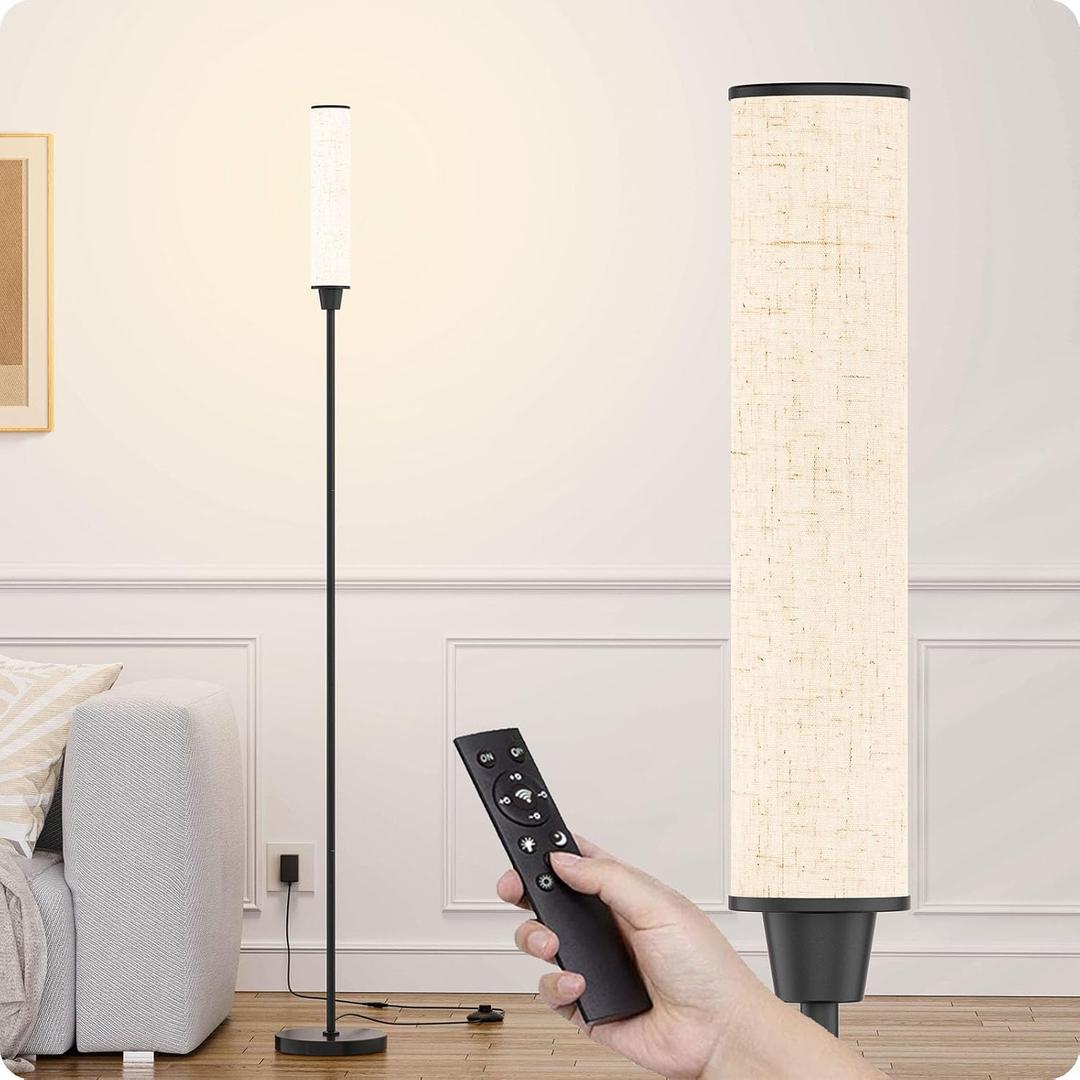 Floor Lamp with Remote Control, Floor Lamps for Living Room/Bedroom/Office, Stepless Adjustable 3000K-6000K Colors and 10-100% Brightness,Standing Light with Foot Switch (Black+Beige Linen)
