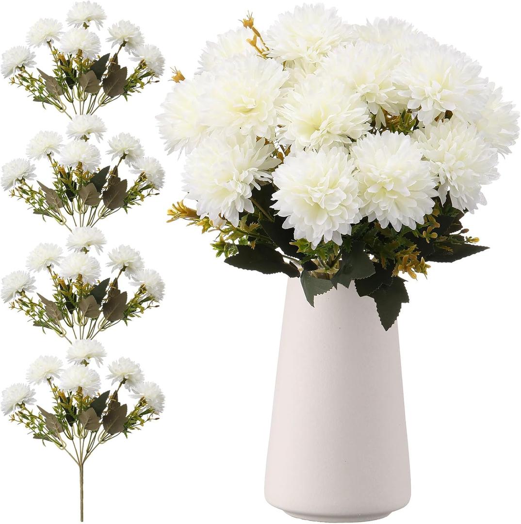 24 Heads Artificial Chrysanthemums Flowers Bouquets Silk Chrysanthemum Ball Fake Mum Artificial Mums for Outdoors Faux Silk Ball Flower for Home Table Centerpieces Decor (White)