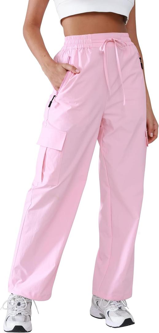 Hiking Pants Women Lightweight Cargo Pants Quick Dry Water Resistant Outdoor Travel Pants with Zipper Pockets (X-Small, Pink)