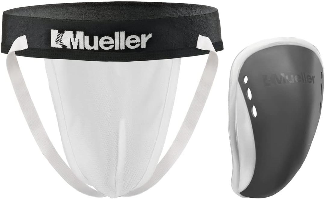 MUELLER Sports Medicine Men's Athletic Supporter with Flex Shield Cup, Adult Jockstrap for Sports, White Underwear/ Gray Cup, Small