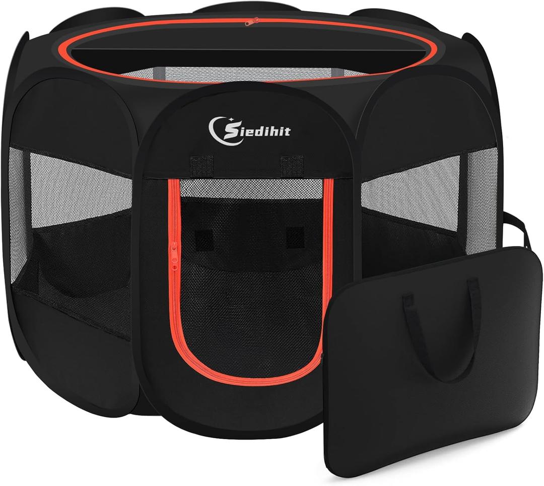 Dog Playpen, Puppy Pet Playpens Indoor for Medium Dogs Tent Crates Cage Indoor/Outdoor, Portable Pop Up Dog Kennel Playpen with Carrying Case for Dogs/Cats/Rabbits, Removable Zipper Top, Black