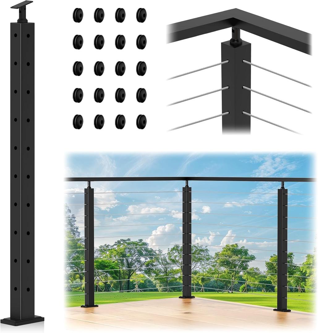 36" Black Corner Post Cable Railing, 90 Degree L-Drilled One-Post Corner Solution for Deck Railing System, Heavy-Duty Stainless Steel T304 Corner Handrail Post for Indoor Outdoor Deck Balcony