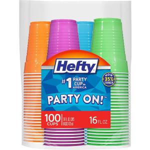 Hefty TKctPv Plastic Party Cups, Assorted Colors, 16 Ounce, 100 Count