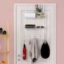 Over The Door Hanger with 2 Mesh Baskets 5 Hooks, Detachable Storage Organizer Rack for Coats, Hats, Handbags,Towels, Easy Install Metal Hanging Hook Rack Shelf, White