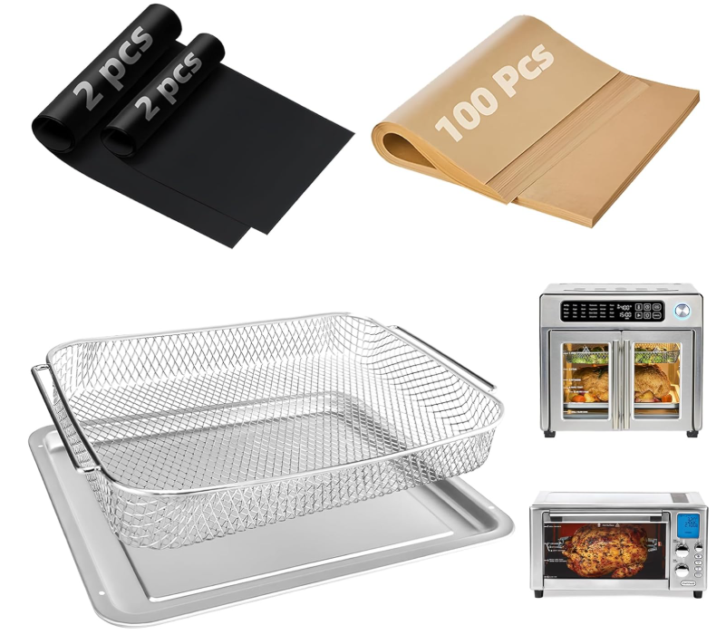 Air Fryer Accessories for Emeril Lagasse 26 Qt Extra Large & Everyday 360, Emeril Lagasse Air Fryer Basket and Pans for Oven with 100Pcs Disposable Parchment Paper, 4Pcs Reusable Teflon Mat