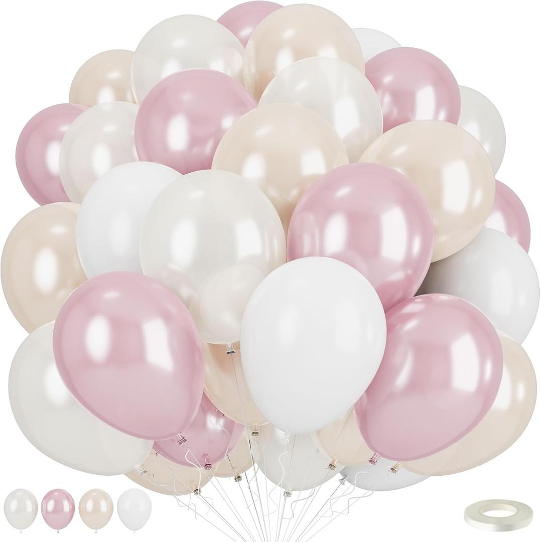 Double Stuffed Pearl White and Pink Balloons, 50pcs Double Stuffed Pearl Sand White Dusty Retro Pink Latex Balloons for Women Girls Boho Birthday Party Baby Shower Bridal Shower Wedding Engagement