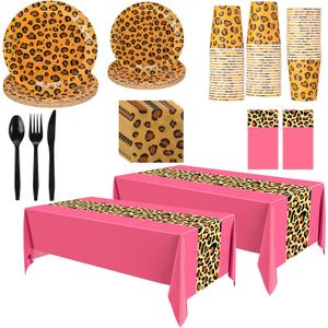 Oudain 162 Pcs Cheetah Party Decorations Leopard Print Tableware Safari Animal Jungle Party Supplies Includes Tablecloth Plates Napkins Cups Forks Knives Spoons for Baby Shower Birthday (Hot Pink)