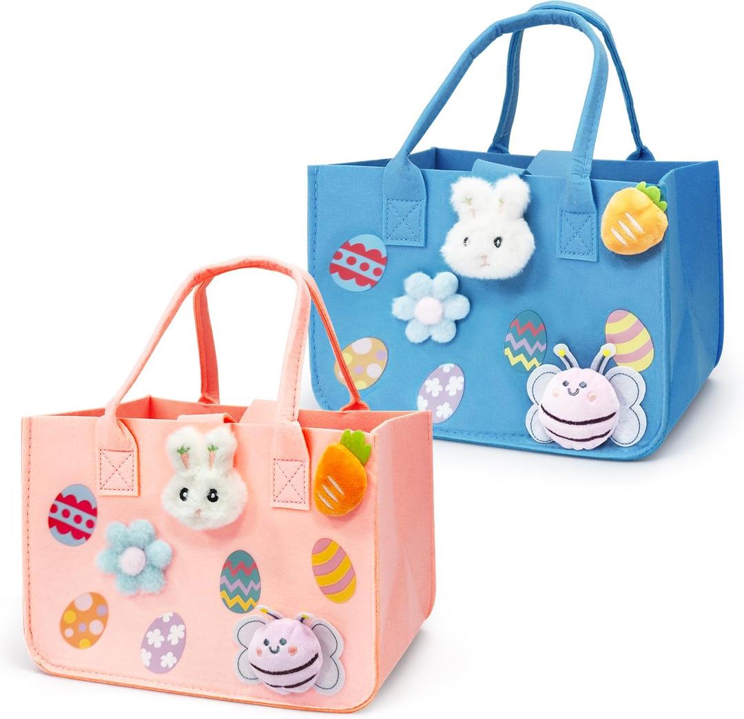 Aviski 2PCS Easter Egg Hunt Bags, Easter Bunny Gift Bags with Handles, Easter Treat Bags, Felt Easter Bags for Gifts Wrapping, Egg Hunt Game, Easter Party Supplies, 12" x7.8" x6.8"(Pink + Light Blue)
