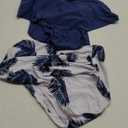 Womens Tankini Swimsuits Ruffled Tank Top Tummy Control Floral Modest Swimwear High Waisted Bikini (Large, Blue/White)