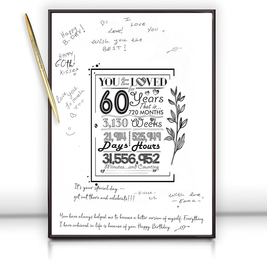 Framed 60th Birthday Decorations Sign Poster for Men Women 12"x16"- 60 Birthday Party Favors, Guest Book Alternative  With Pen & Wall Hanger  60 Years Old Gifts for Men or Women Framed 60th Birthday Decorations Sign Poster for Men Women 12"x16"- 60 Birthday Party Favors, Guest Book Alternative  With Pen & Wall Hanger  60 Years Old Gifts for Men or Women