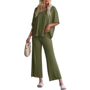Tankaneo Womens 2 Piece Outfits Sets Short Sleeve Wide Leg Cropped Pants (L)