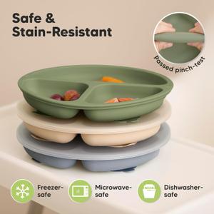 KeaBabies 3-Pack Suction Plates with Lids for Baby, Toddler - 100% Silicone, BPA Free, Divided, Microwave Safe, Dishwasher Safe