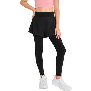Haloumoning 2 in 1 Girls Leggings with Shorts Kids High Waist Colorblock Athletic Yoga Dance Pants 7-8 Years
