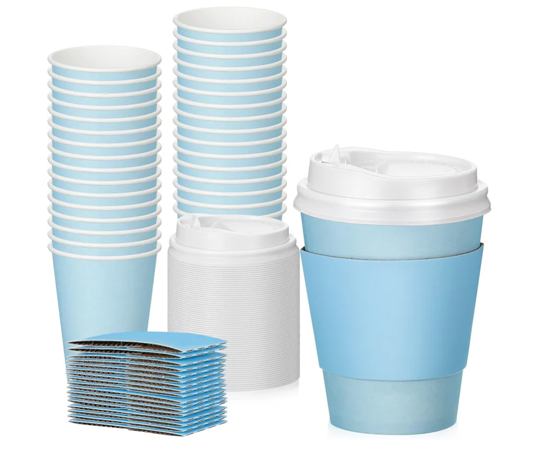 Patelai, 12 oz Disposable Coffee Cups with Lids and Sleeves Bulk, Insulated Hot Chocolate Paper Cup for Hot and Cold Beverage Water Juice Cocoa Tea Party Restaurants Travel Supplies (Blue) 32 Cups, 26 Lids, 46 Sleeves Bulk