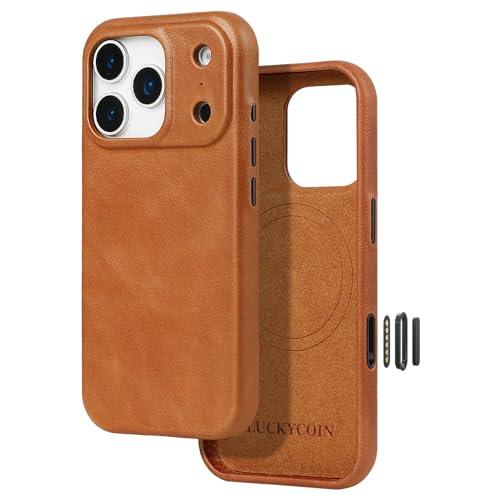 LUCKYCOIN Premium Handcrafted 100% Full-Grain Cowhide Leather Case for iPhone 17 Pro 6.3'', Built-in Metal Camera Control Button, Full Camera Protection, MagSafe Compatible, Metal Button, Retro Brown