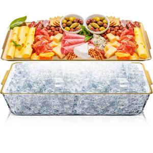 Baderke 1 Set 16" x 9'' Chilled Serving Tray for Parties with Compartments Rectangle Serving Dish Ice Charcuterie Party Platter for Shrimp Fruit Seafood Vegetable Appetizer (Gold)
