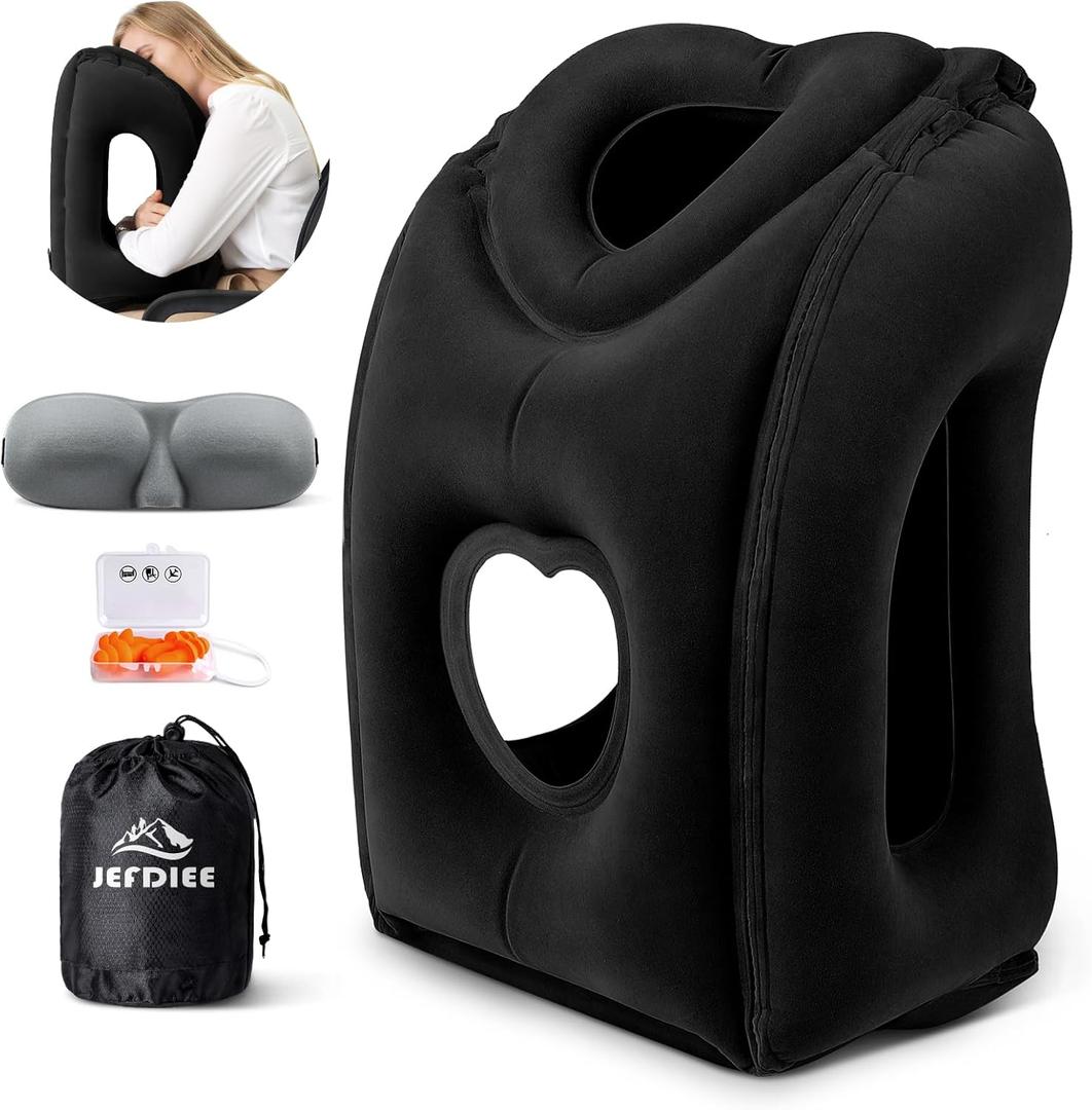 JefDiee Travel Pillow,Inflatable Airplane Pillow for Sleeping to Avoid Neck and Shoulder Pain,Supports Head and Chin Used for Airplane,Car,Bus and Office (X-Large, Black)