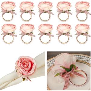 10PCS Flower Napkin Rings, Pink Rose Floral Napkin Holders Table with Imitation Pearls for Wedding Party Dinner Birthday Table Serviette Buckles Decor