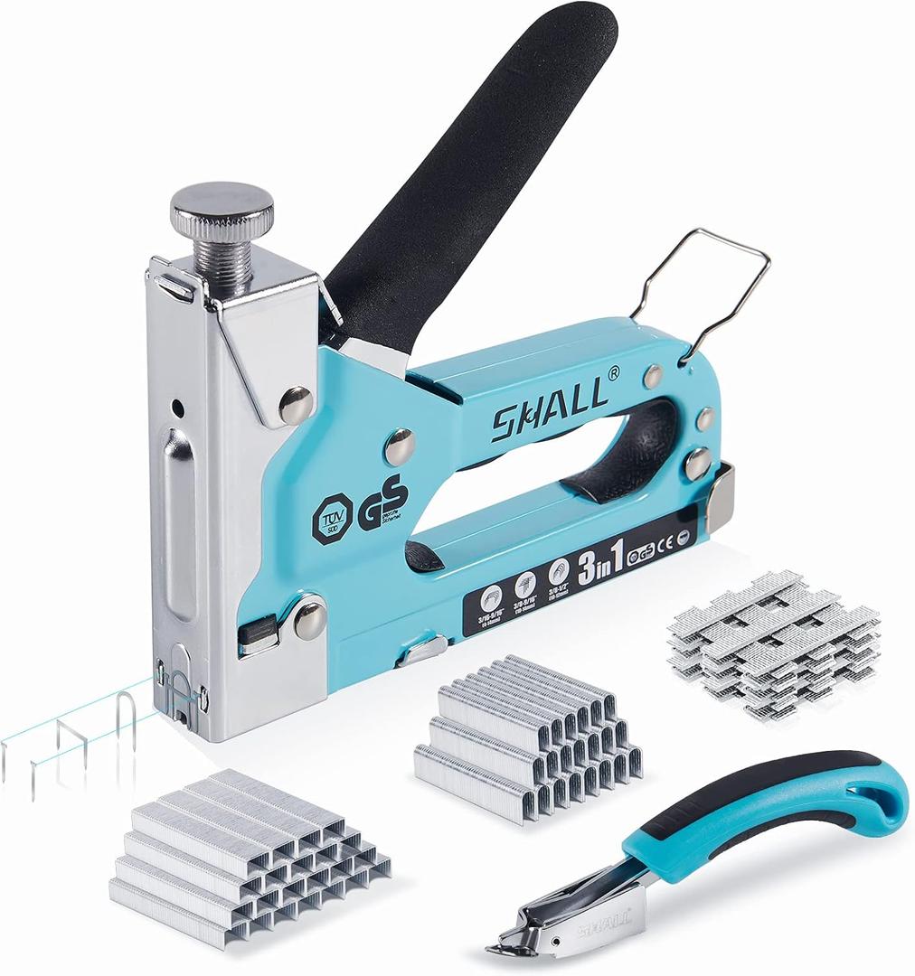 SHALL Staple Gun Heavy Duty, 3-in-1 Upholstery Staple Gun Kit with 3000 Staples, Staple Remover, Manual Brad Nailer with Specific Staples Outlet Position Indicator (Blue)