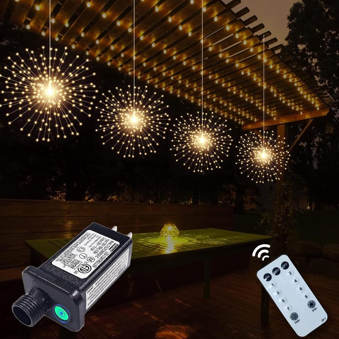 4 Pack 800 LED Plug in Starburst Sphere Lights, Firework Light 8 Modes Dimmable Remote Control, Waterproof Copper Wire Hanging Fairy Lights for Patio Parties Tent Christmas (Warm White)