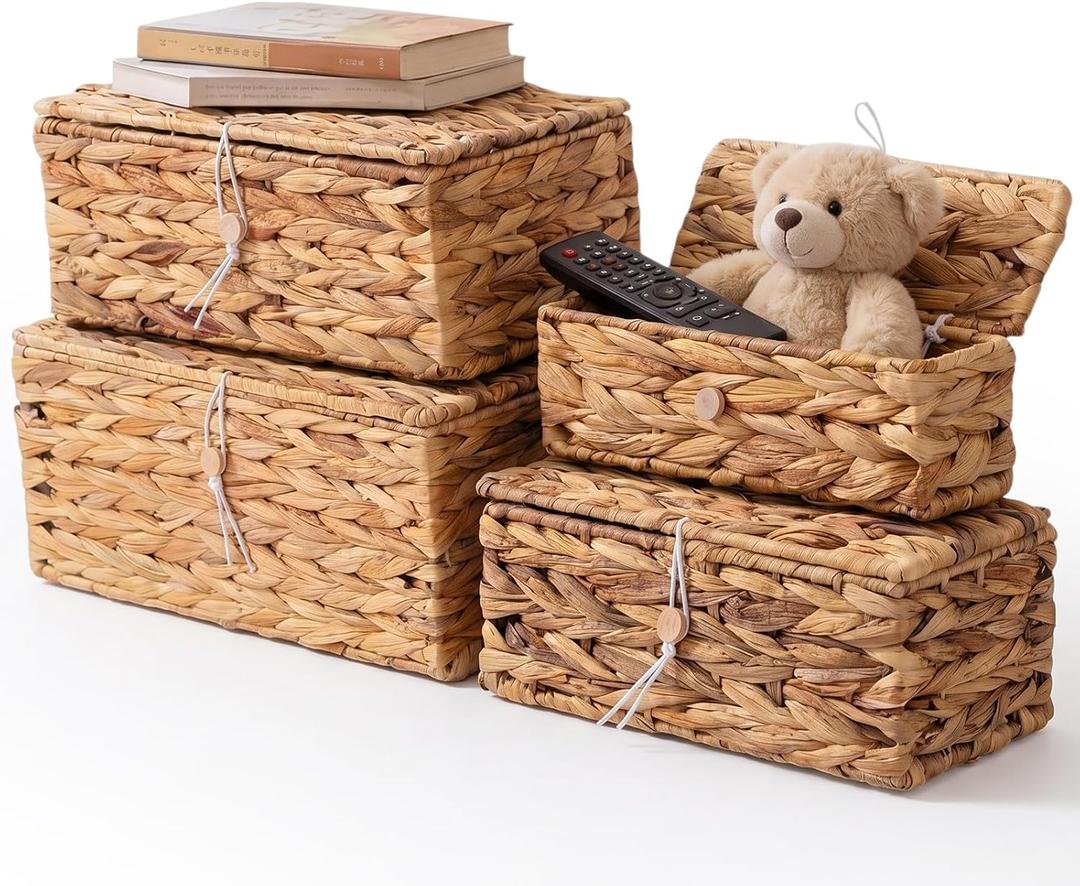 BreezeHug Set of 4 Wicker Storage Baskets with Lid Large Water Hyacinth Rectangular Rattan Basket Decorative Boxes for Shelf Home Organization