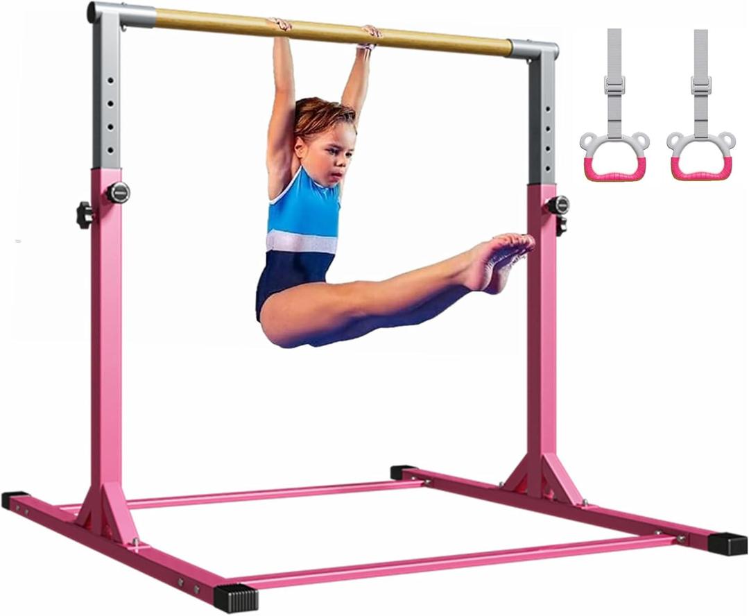 Gymnastic Kip Bar for Kids Training Horizontal Bars for Home Ages 3-15 Adjustable Height Non-Slip Gym Equipment Indoor with Rings