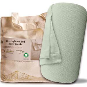 Mayfair Linen Knitted Geometric Herringbone Pattern Handwoven Blanket 100% Long Staple Cotton - Soft & Cozy Thermal All Season Throw for Bed Couch Chair Outdoors (Twin/Twin XL, Sage Green)