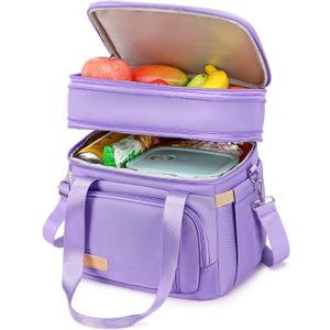 MAPLELILY Lunch Box for Men Women - Double Deck Insulated Lunch Bag, Large Leak Proof Tote Cooler, Wide Open Dual Compartment Lunch Bags with Shoulder Strap, For Work Picnic Hiking Beach, Purple